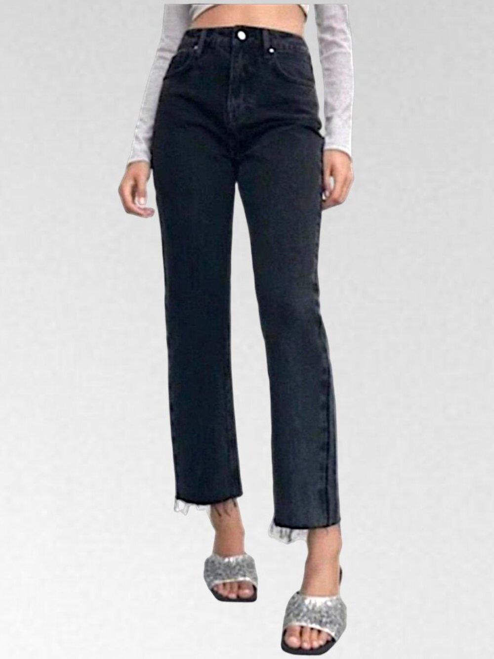 Zara black fairy boho minimalist high rise straight leg distress raw hem jeans 6